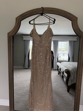 Sequin Embellished Champagne Evening Gown - Women